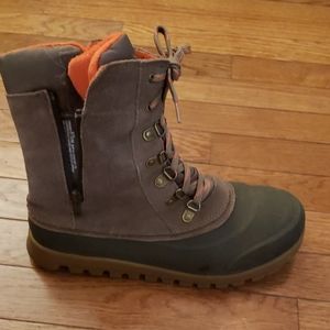 Olive green and orange hiking boots